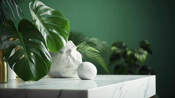 Unessential, advanced white marble stone counter table, tropical monstera plant tree in daylight on green divider foundation for extravagance advanced characteristic restorative. photo