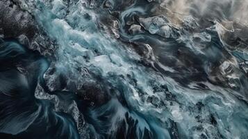 A frosty waterway from over. Ethereal photo of the stream streams from Icelandic icy masses.