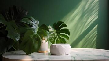 Unessential, advanced white marble stone counter table, tropical monstera plant tree in daylight on green divider foundation for extravagance advanced characteristic therapeutic. photo