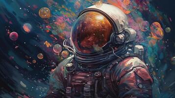 Befuddling portray of an space pioneer in a colorful bubbles universe on a unmistakable planet. photo