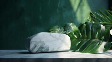 Unessential, advanced white marble stone counter table, tropical monstera plant tree in daylight on green divider foundation for extravagance advanced characteristic obliging. photo