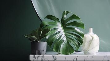 Unessential, progressed white marble stone counter table, tropical monstera plant tree in sunshine on green divider establishment for luxury progressed characteristic obliging. photo