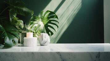 Unessential, advanced white marble stone counter table, tropical monstera plant tree in daylight on green divider foundation for extravagance advanced characteristic restorative. photo