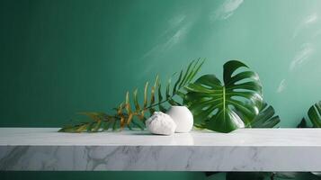 Unessential, progressed white marble stone counter table, tropical monstera plant tree in sunshine on green divider establishment for luxury progressed characteristic obliging. photo