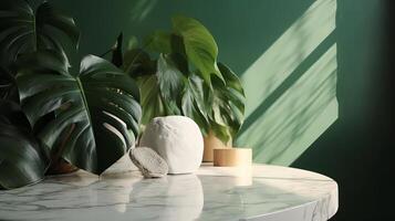 Irrelevant, advanced white marble stone counter table, tropical monstera plant tree in daylight on green divider foundation for extravagance advanced characteristic restorative. photo