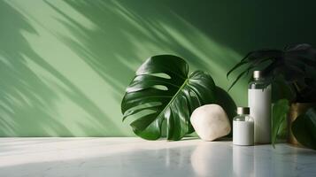 Immaterial, progressed white marble stone counter table, tropical monstera plant tree in sunshine on green divider establishment for luxury progressed characteristic therapeutic. photo