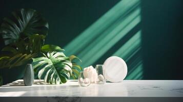 Unessential, advanced white marble stone counter table, tropical monstera plant tree in daylight on green divider foundation for extravagance advanced characteristic obliging. photo