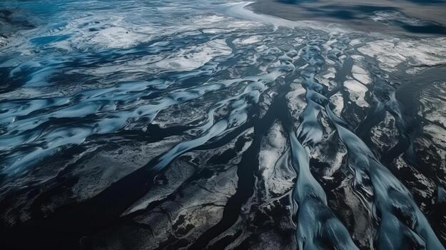 A chilly conduit from over. Ethereal photo of the stream streams from Icelandic chilly masses.