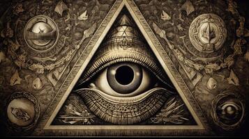 photo Sign Illuminati. freemasonry. The masonic square. All seeing eye in sacred geometry triangle.