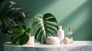 Unessential, progressed white marble stone counter table, tropical monstera plant tree in sunshine on green divider establishment for luxury progressed characteristic obliging. photo