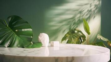 Unessential, progressed white marble stone counter table, tropical monstera plant tree in sunshine on green divider establishment for luxury progressed characteristic obliging. photo