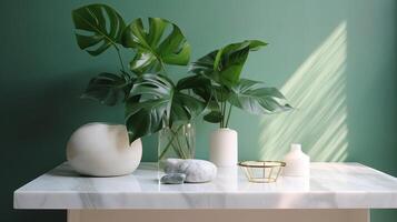 Unessential, advanced white marble stone counter table, tropical monstera plant tree in daylight on green divider foundation for extravagance advanced characteristic obliging. photo