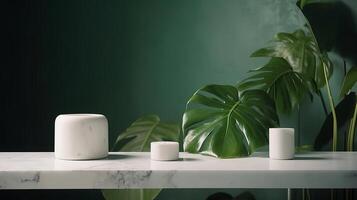 Unessential, progressed white marble stone counter table, tropical monstera plant tree in sunshine on green divider establishment for luxury progressed characteristic obliging. photo