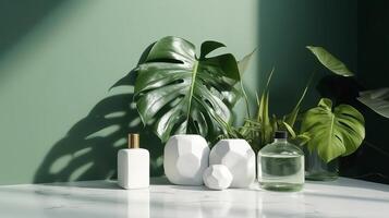 Irrelevant, progressed white marble stone counter table, tropical monstera plant tree in sunshine on green divider establishment for luxury modern characteristic remedial. photo