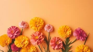 Spring marigold makes on pink pastel establishment beat see in level lay organize. photo