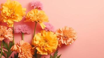 Spring marigold makes on pink pastel establishment beat see in level lay organize. photo