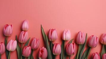 Spring tulip makes on pink establishment best see in level lay organize. photo