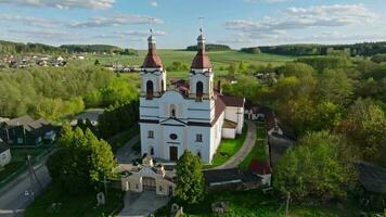 aerial view on old baroque temple or catholic church in countryside video