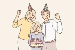 Family of parents with daughter celebrating birthday posing with cake and candles for joint photo. Mother and father together with pre-teenage girl celebrating birthday party making joyful gestures vector