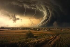 Tornado rages through a field. Illustration photo