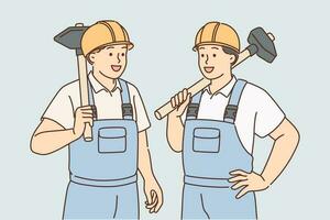 Men in builders uniforms and hardhats hold sledgehammers to demolish wall of emergency building or redevelopment. Guys builders are ready to work on construction site or in renovated room vector