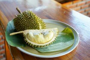 Durian, Longlap-lae variety, has small to medium fruit size.The fruit stalk is small, the peel is thin, the lobe is not clear, the flesh is fine, the taste is sweet, and the smell is mild. photo