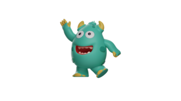 3d illustratie. vriendelijk monster 3d tekenfilm karakter. de vriendelijk blauw monster golven naar iedereen het ontmoetingen. monster glimlach zoet. 3d tekenfilm karakter png