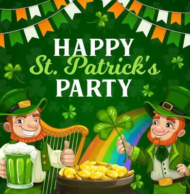 Patricks Day party poster of Irishmen with clovers