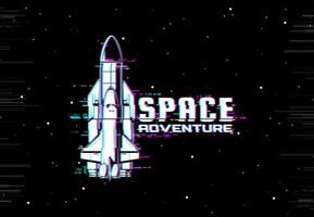 Space glitch, rocket spaceship on screen pixels vector