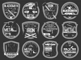 Blacksmith icons, iron work workshop steel forging vector