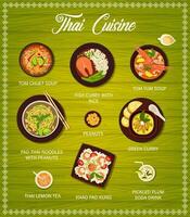 Thai cuisine food, restaurant menu meals, dishes vector