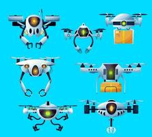 Flying robots, drones, parcels delivery copter vector