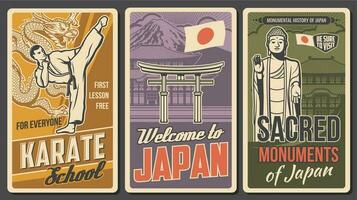 Japón marcial arte, viaje atracciones retro póster vector