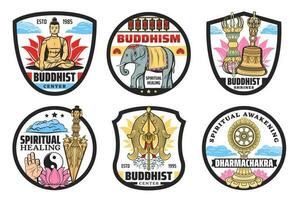 Buddhism religion symbols icons, vector