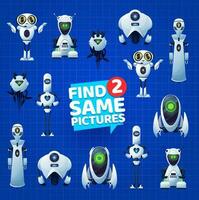 Find two same robot droids, kids riddle board game vector