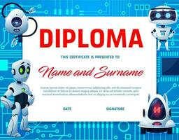 Kids diploma, cartoon robots and droids, frame vector