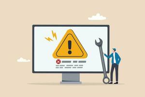 System error, software problem or system failure, security alert or hardware fault to be fixed, caution or maintenance concept, young technician holding wrench fix system failure message on computer. vector