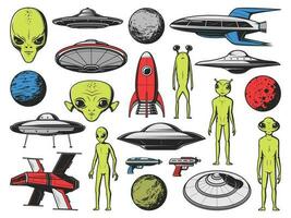 Aliens, fictional UFO spaceships and planets vector