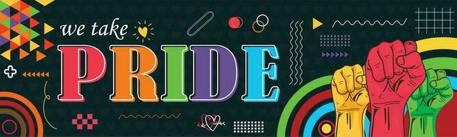 Pride day banner with modern retro abstract background design. Colorful Rainbow LGBT rights campaign. Lesbians, gays, bisexuals, transgenders, queer. Raised fists. LGBTQ community vector