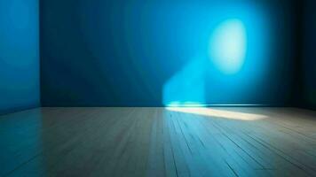 Blau reinigen Teiler und hölzern Fußboden mit neugierig Licht Blendung. kreativ Ressource, Video Animation