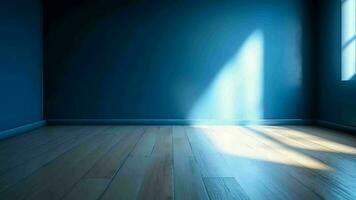 Blue cleanse divider and wooden floor with inquisitively light glare. Creative resource, Video Animation