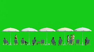 aislado grupo de personas sentado en silla, 3d animación personas en el playa verde pantalla croma llave video