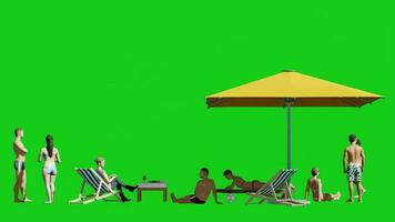 Bewegung Grafik 3d Menschen mit Regenschirm zum das Strand Szene, grün Bildschirm Chroma Schlüssel video