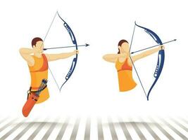 Faceless character of man and woman taking aim from bow arrow with quiver. vector