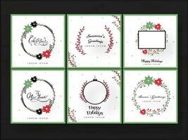 Set of greeting card or poster design with floral frame for Christmas, Season's, Happy Holiday, New Year celebration. vector