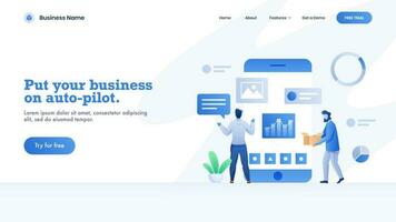 Responsive landing page design with online infographic delivery app in smartphone for Put your business on auto-pilot concept. vector