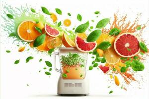 Blender with fruit flying, isolated on white background, fruit juice and splash. Generataive AI photo