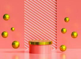 Minimal abstract scene with podium 3d.geometric bubble shapes on orange background. photo