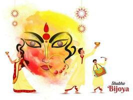 Festival celebration banner or poster design with Creative Hindu Goddess Durga Face and dancing Bengali people character on the occasion of Shubho Bijoya. vector