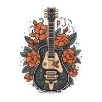un hermosa guitarra adornado con flores en esta maravilloso ilustración Perfecto para música o relacionado con las flores negocios vector